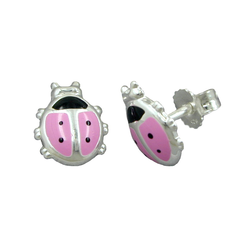 Boucles d'oreilles argent 925 coccinelle rose émaillée