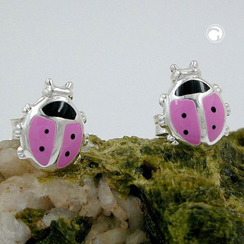 Paire de boucles d'oreilles argent sterling forme coccinelle rose et noire