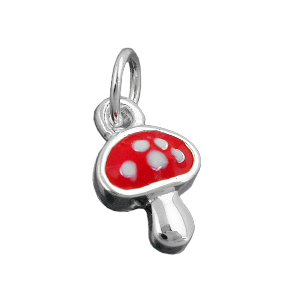 Pendentif argent 925 forme amanite tue-mouches émaillée rouge et blanc