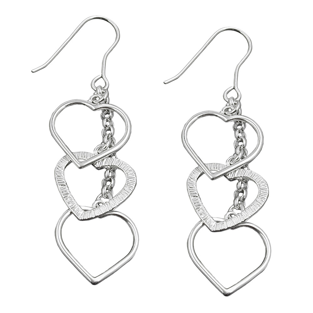 Boucles d'oreilles argent 925 trois cœurs filigrane sur chaînette