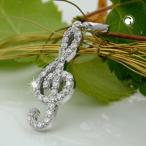 Vue rapprochée du pendentif clef de sol argent rhodié et zirconia