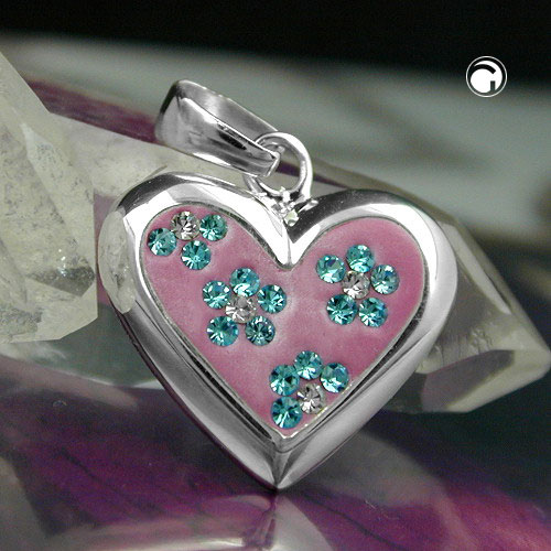 Pendentif argent coeur fleuri vu de face, zirconias blancs et turquoise