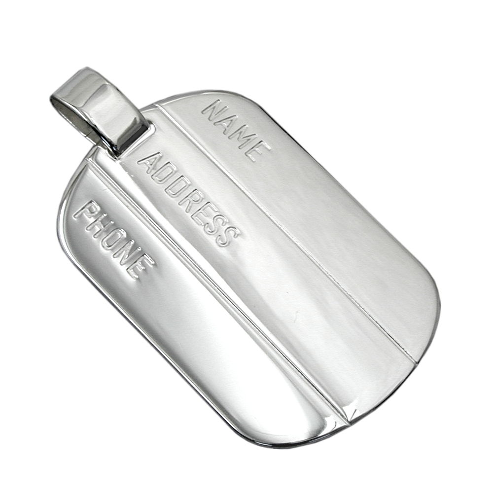 Pendentif argent 925 gravé nom adresse téléphone sur fond blanc
