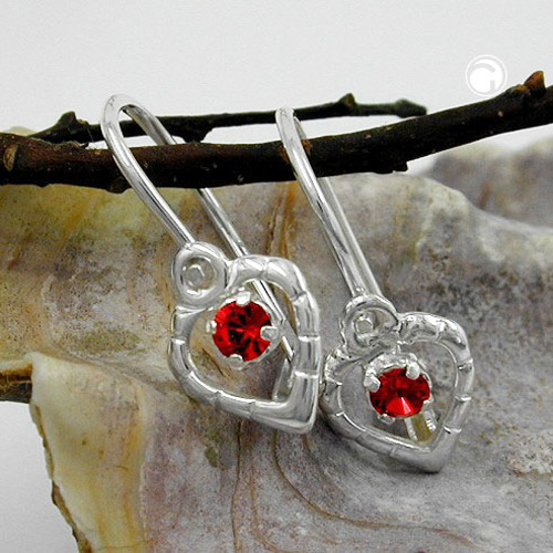 Boucles d'oreilles argent sterling cœur cristal rouge fermoir levier avant