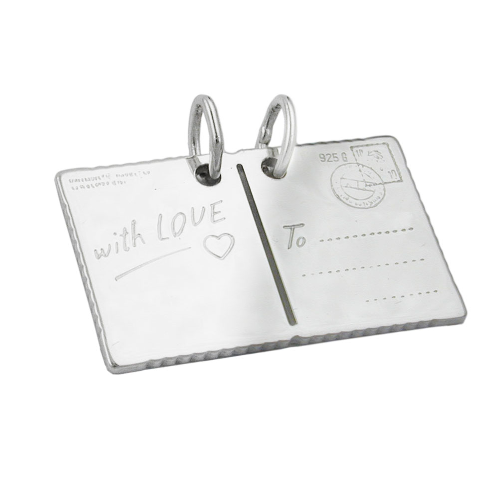 Pendentif argent 925 carte postale Love sur fond blanc