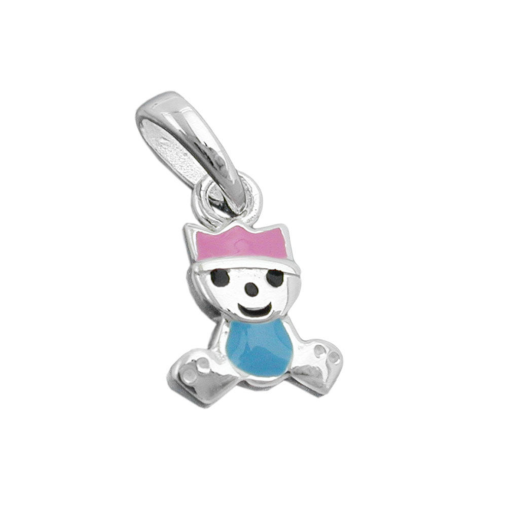 Pendentif argent 925 petit roi laqué rose et bleu