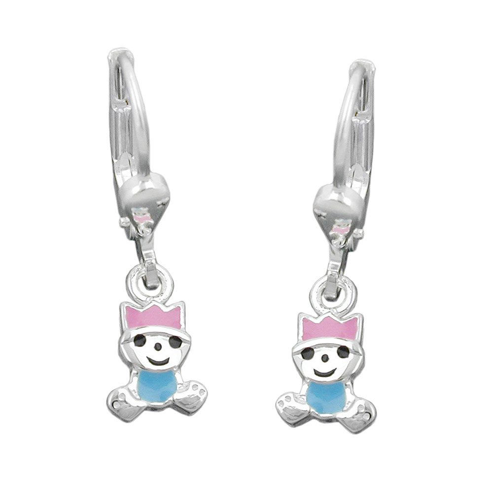 Boucles d'oreilles argent 925 laquées rose et bleu motif roi