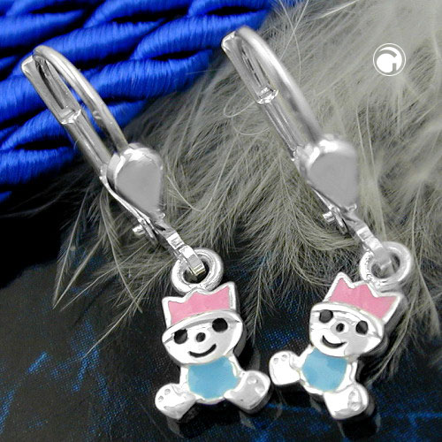 Paire de boucles d'oreilles argent sterling laquées rose et bleu avec fermoir à levier