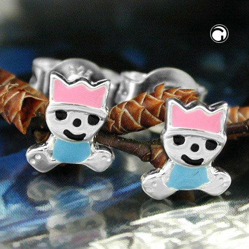 Studs argent enfant motif roi laqué bleu et rose