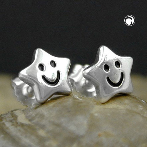 Paire de boucles d'oreilles argent sterling en forme d'étoile avec visage