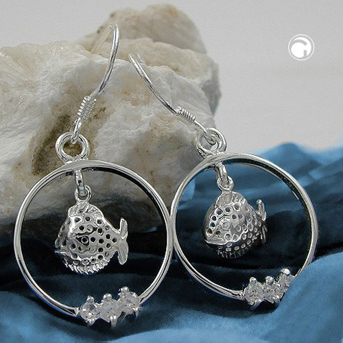 Paire de boucles d'oreilles pendantes argent poisson zircon
