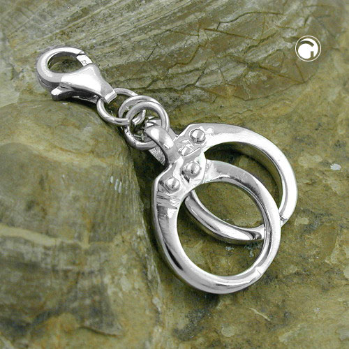 Pendentif argent forme menottes sur fond blanc