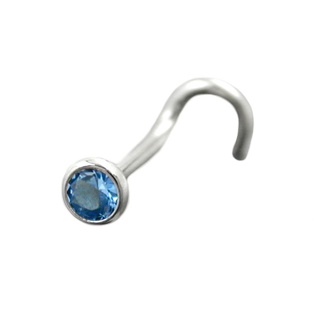 Vis à nez argent 925 zirconium bleu aqua sur fond blanc