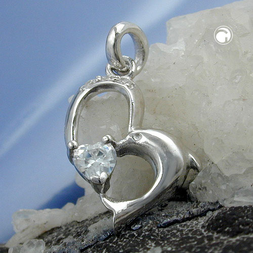 Pendentif argent coeur dauphin zirconia vue de face