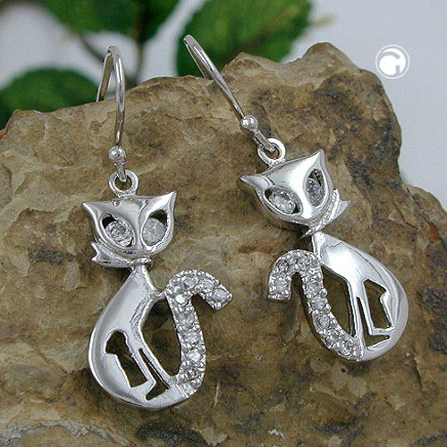 Paire de boucles d'oreilles argent sterling motif chat et pierres zirconias