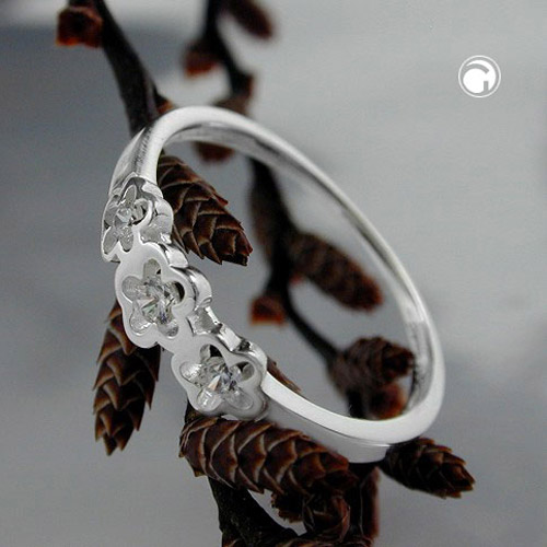 Bague argent sterling motif floral zirconium sur fond blanc