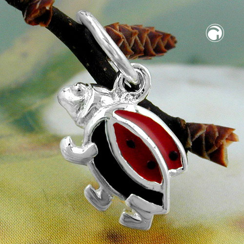 Bijou argent sterling forme coccinelle émail rouge noir sur fond blanc