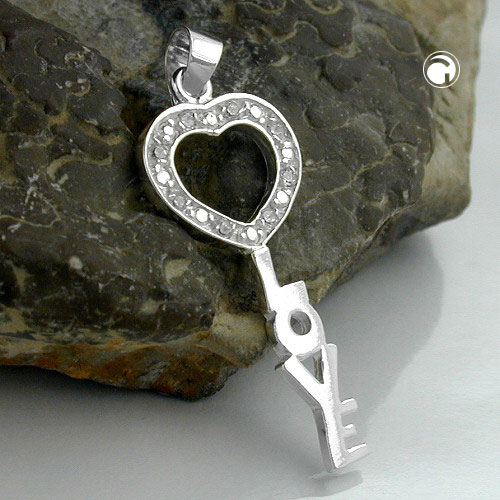 Bijou argent sterling pendentif clé Love détail coeur scintillant
