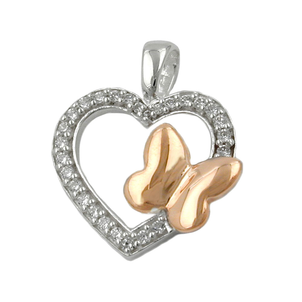 Pendentif argent 925 coeur papillon zirconias rouge-or