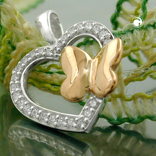 Pendentif argent coeur avec papillon zirconia détail