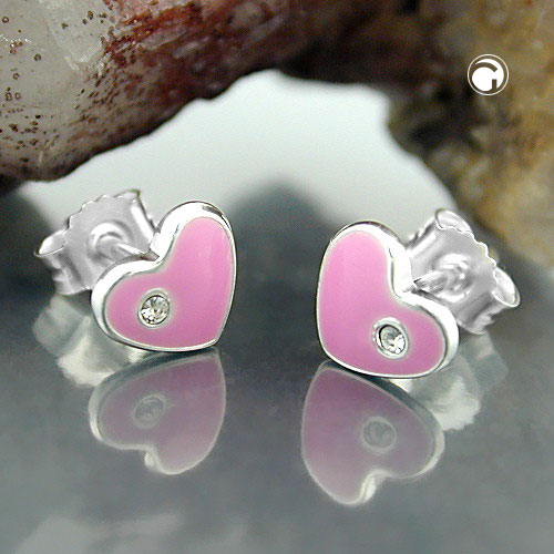 Paire de boucles d'oreilles argent coeurs roses sur fond blanc