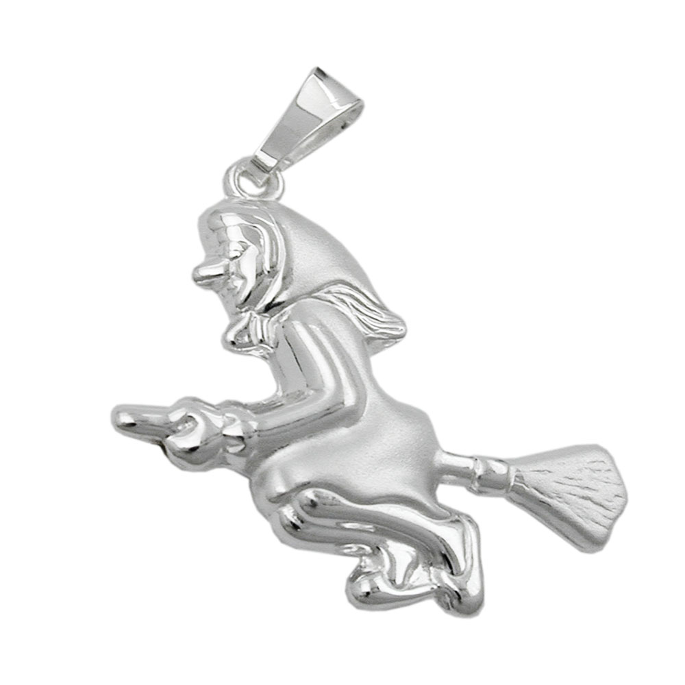 Pendentif argent 925 sorcière volant sur balai face avant mate diamantée