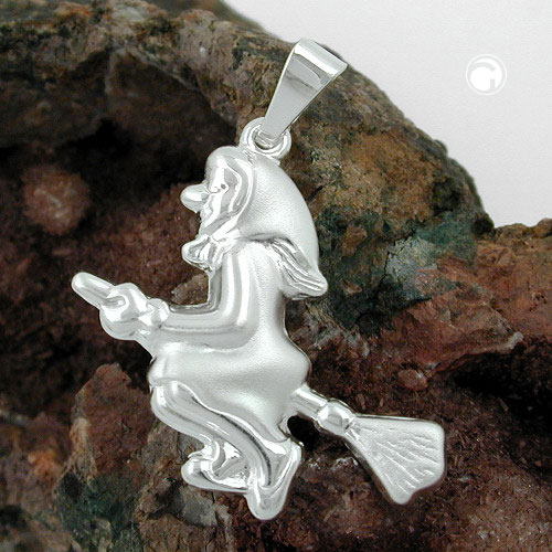 Pendentif argent sterling sorcière sur balai dos brillant vue arrière