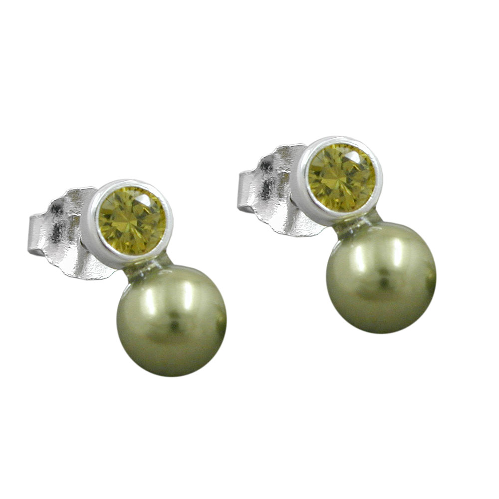 Boucles d'oreilles argent 925 avec zirconia olive et perles
