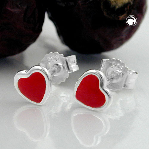 Paire de boucles d'oreilles argent sterling forme cœur rouge