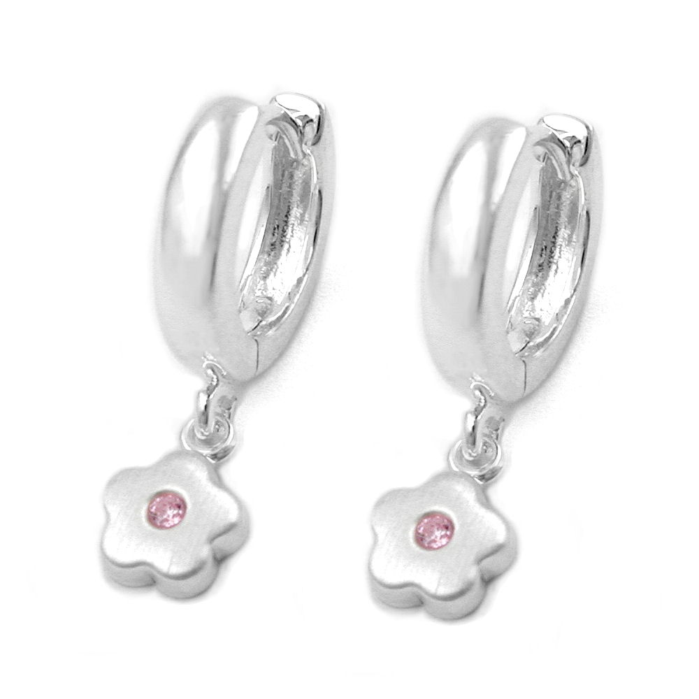 Boucles d'oreilles créoles argent 925 avec zirconium et pendentif fleur