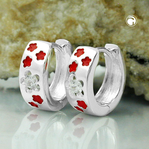 Créoles argent fleurs laquées rouges et zirconia