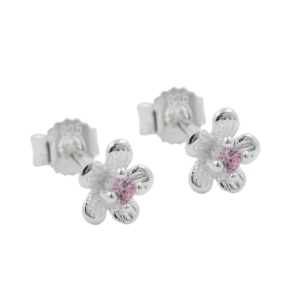 Boucles d'oreilles argent 925 fleur avec zircon rose