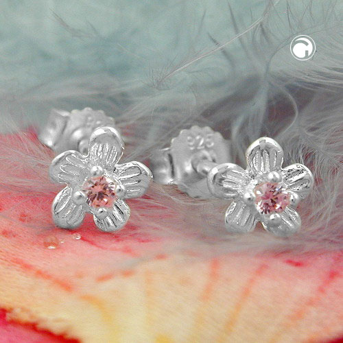 Paire de boucles d'oreilles argent fleur et zircon rose