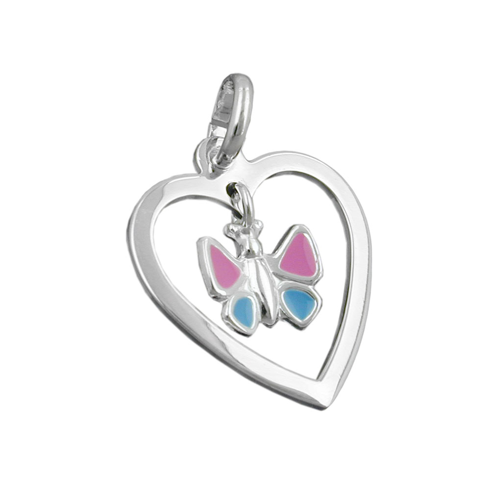 Pendentif argent 925 coeur papillon laqué rose et bleu