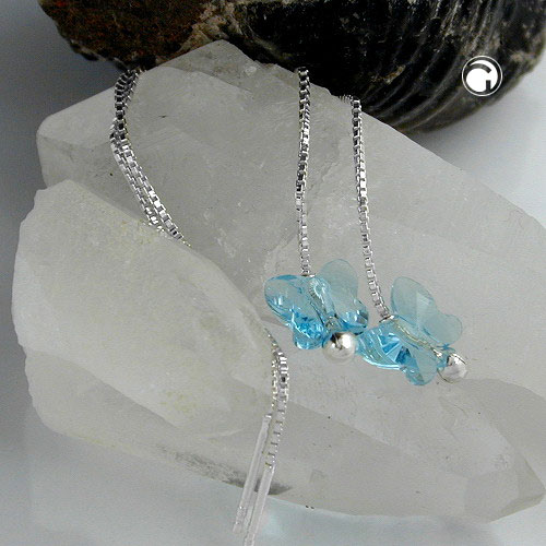 Boucles d'oreilles longues argent papillon aqua transparent