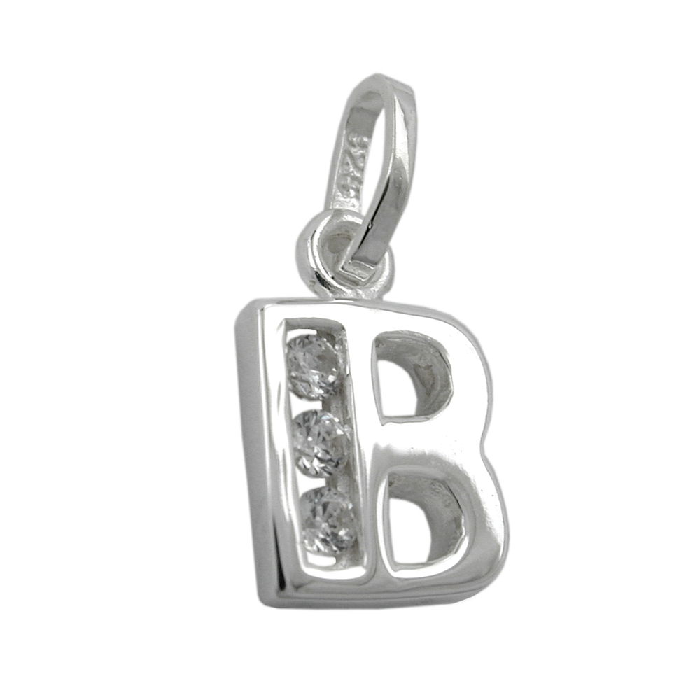 Pendentif argent 925 lettre B avec zirconium, vue de face