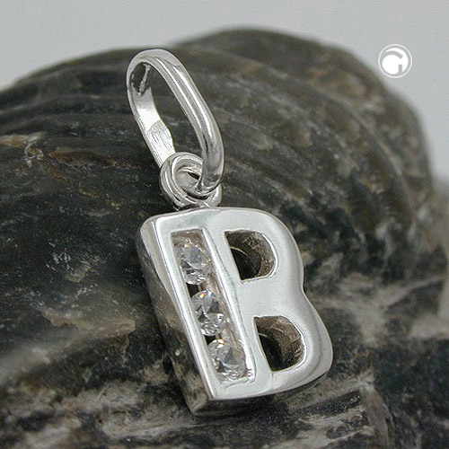 Pendentif initiale B en argent sterling avec zirconium, vue de profil