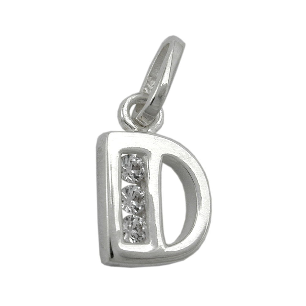 Pendentif argent 925 initial D avec zirconiums brillants sur fond blanc