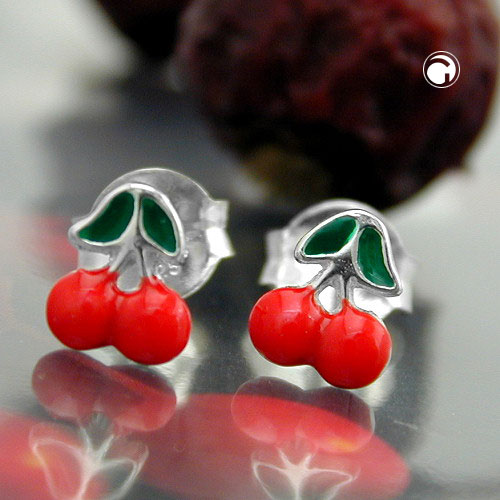 Paire de boucles d'oreilles argent motif cerises, finition laquée
