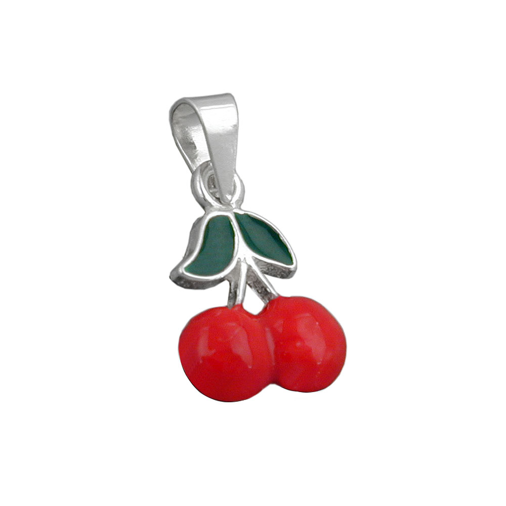 Pendentif argent 925 en forme de cerises rouges avec laque rouge et verte