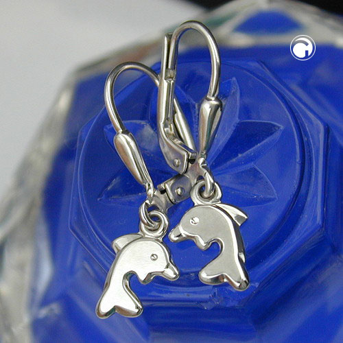 Paire de boucles d'oreilles dauphin argent sterling, vue de profil