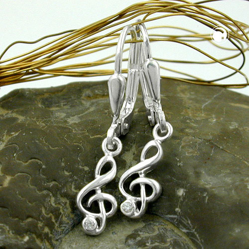 Paire de boucles d'oreilles argent clé de sol, zircon étincelant