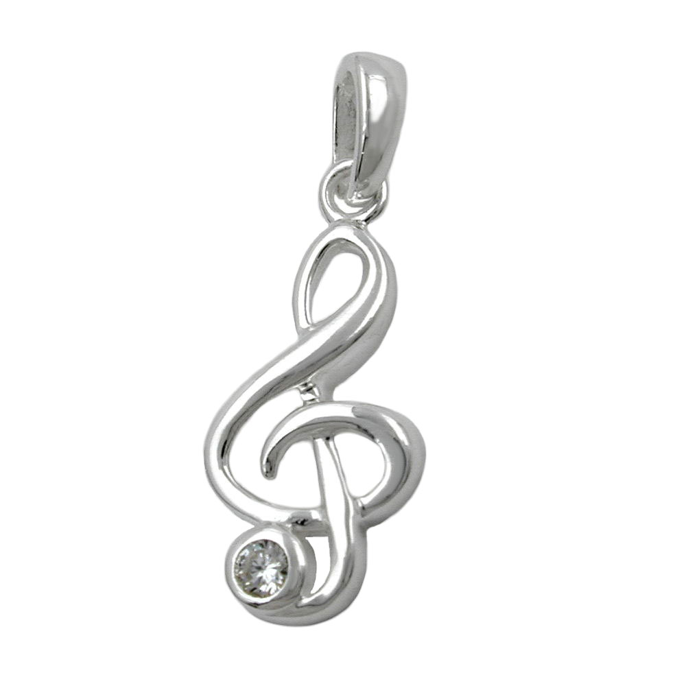 Pendentif argent 925 clé de sol avec zircon brillant sur fond blanc