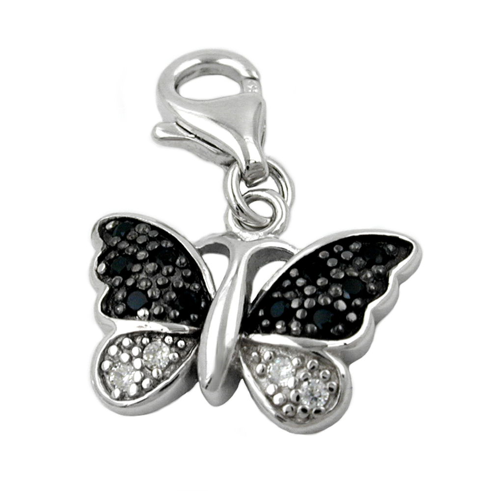 Pendentif papillon argent 925 avec zirconias noirs et blancs