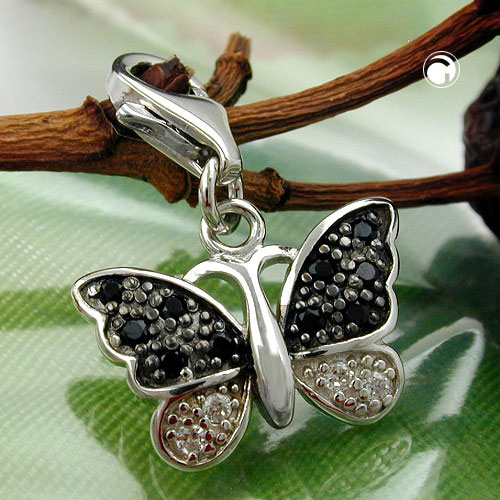 Pendentif papillon en argent sterling orné de zirconias noirs et blancs, vue détaillée