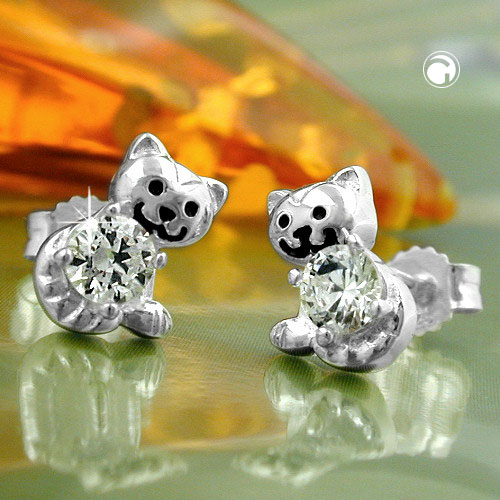 Boucles d'oreilles argent chat mignon avec zircon cubique