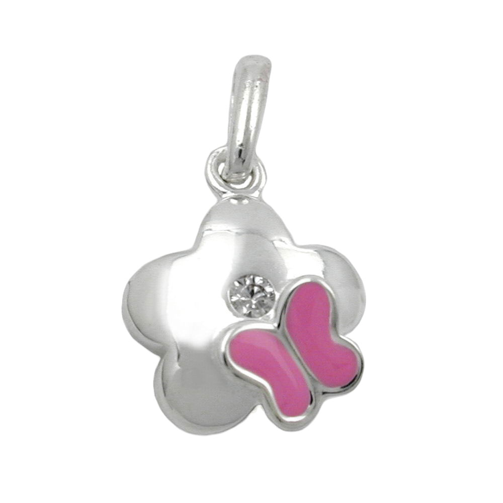 Pendentif argent 925 fleur et papillon laqué rose avec zircon
