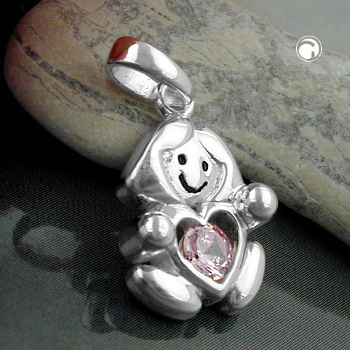 Pendentif fillette argent sterling zircon rose vue de face
