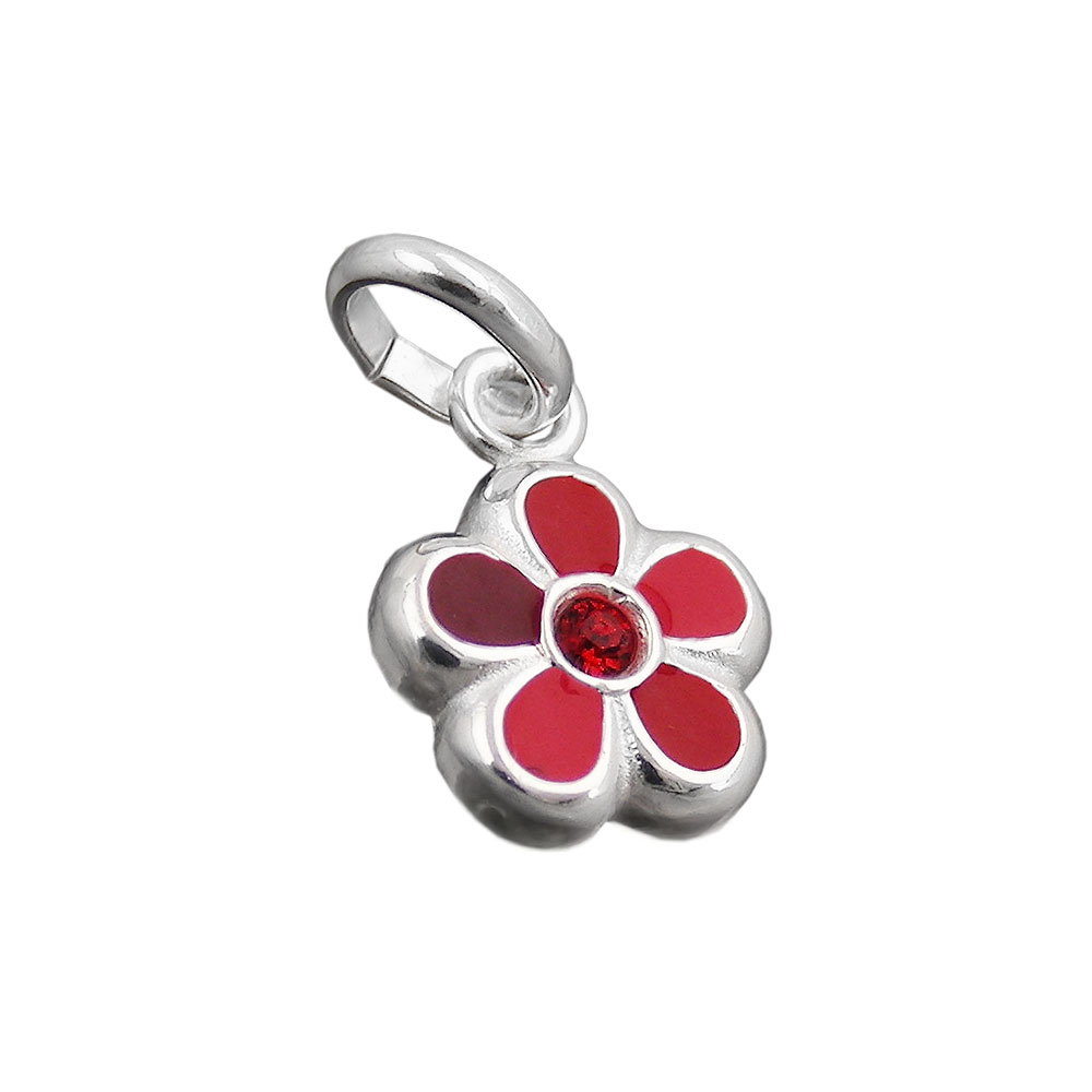 Pendentif argent 925 fleur rouge verre vue de face
