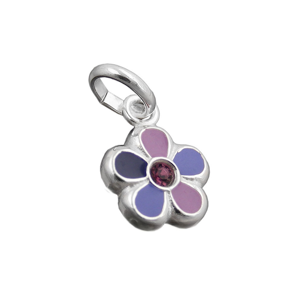 Pendentif argent 925 fleur violette et bleue avec pierre verre
